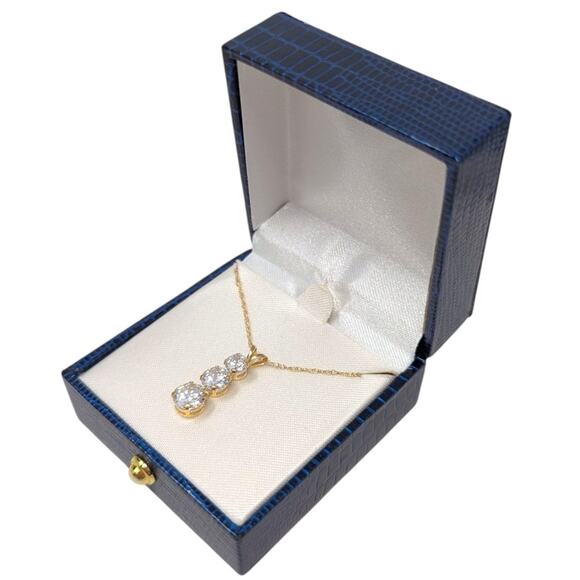 14k-gold-3-stone-diamond-  14K Gold JCM Three-Stone CZ Pendant Necklace Dainty Yellow Gold Chain 2g Classic